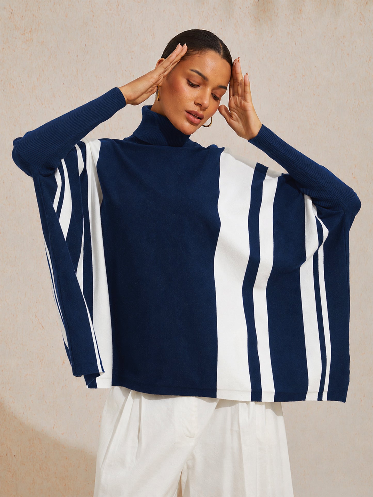 Contrast Stripe High-Stretch Mock Neck Knit Sweater