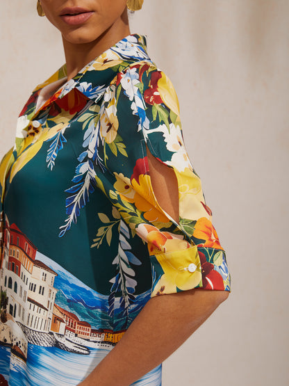 Santorini Summer Silky Scenic Floral Shirt Dress
