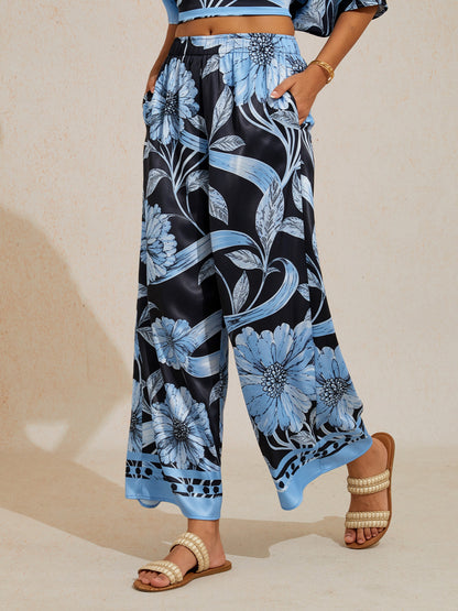Sepia Noir Bloom Silky Satin Wide Leg Pants