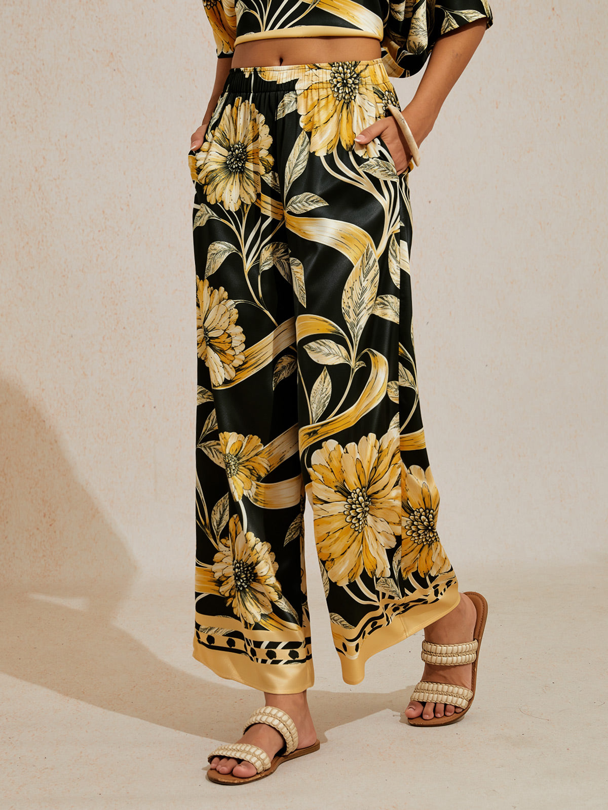 Glacier Blue Petal Silky Satin Wide Leg Pants