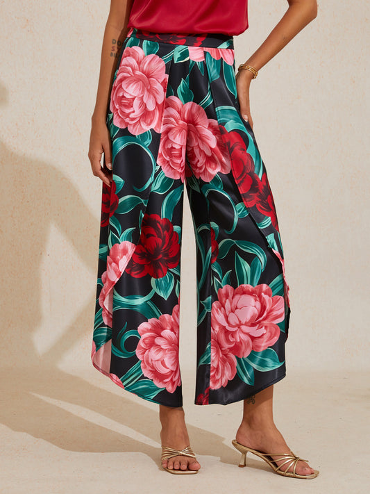Emerald Rose Garden Silky Satin Slit Wide Leg Pants