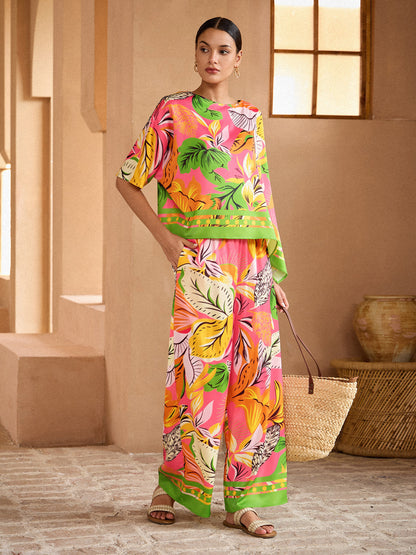 Wild Hibiscus Dream Silky Satin Dolman Sleeve Batwing Top