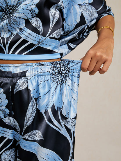 Sepia Noir Bloom Silky Satin Wide Leg Pants
