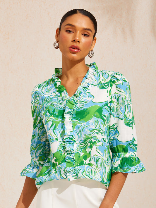 Graphic Art Mustang Ruffle V-Neck Linen Look Blouse
