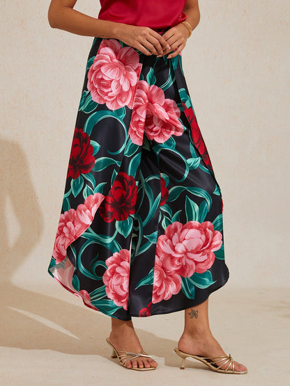 Emerald Rose Garden Silky Satin Slit Wide Leg Pants