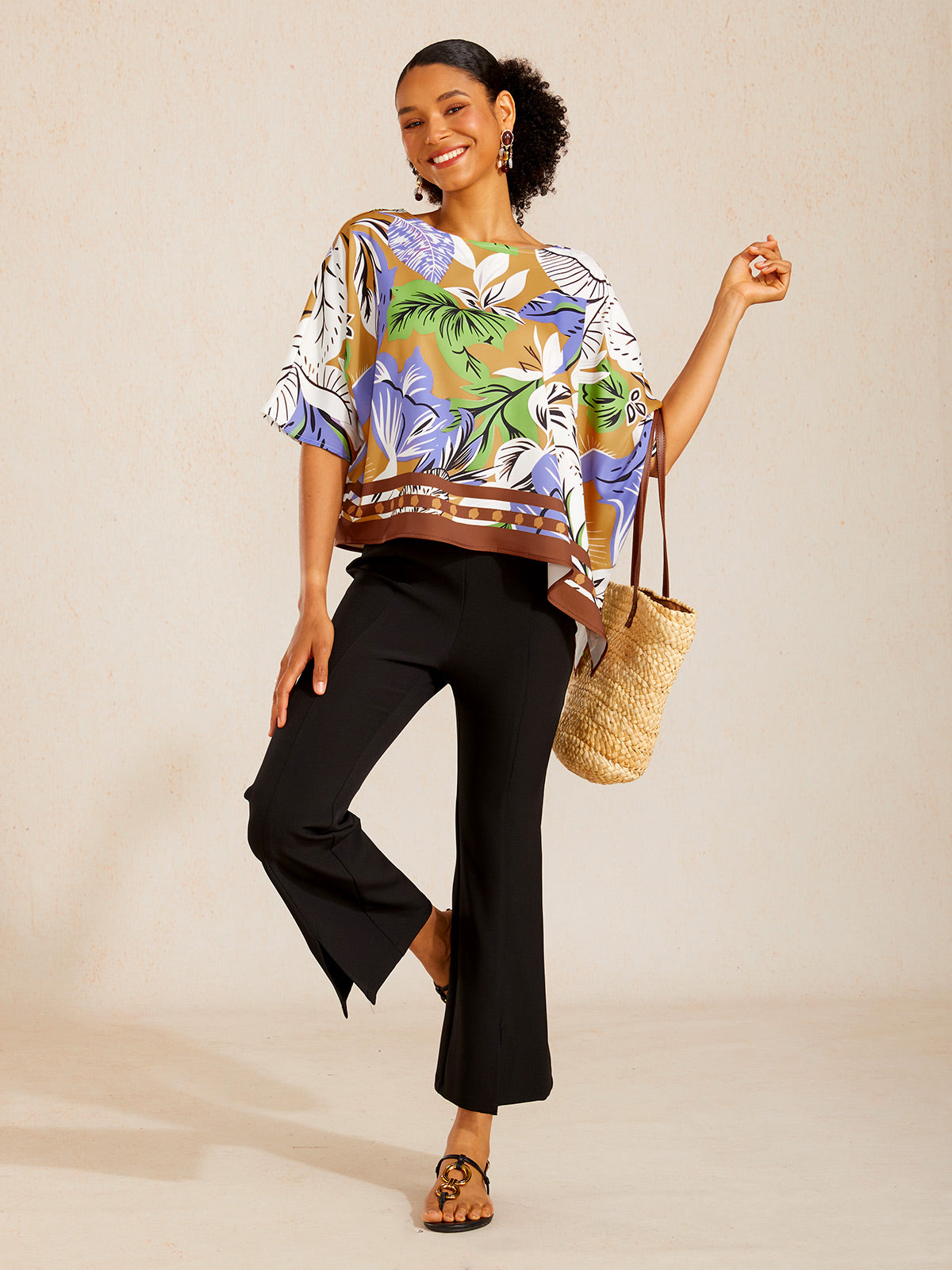 Wild Hibiscus Dream Silky Satin Dolman Sleeve Top