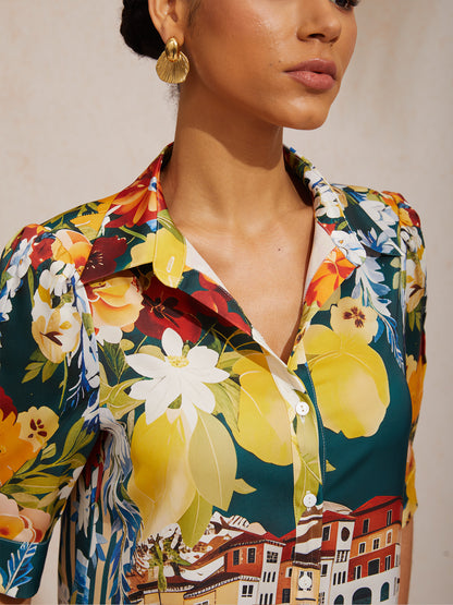 Santorini Summer Silky Scenic Floral Shirt Dress