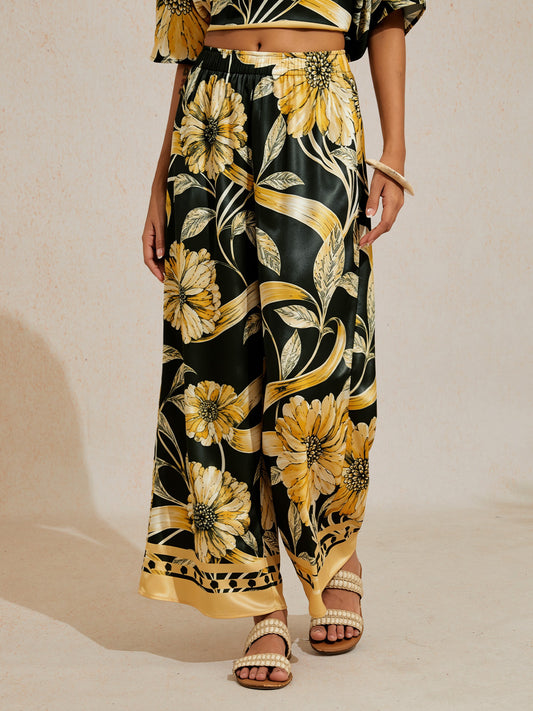 Cream Yellow Petal Silky Satin Wide Leg Pants