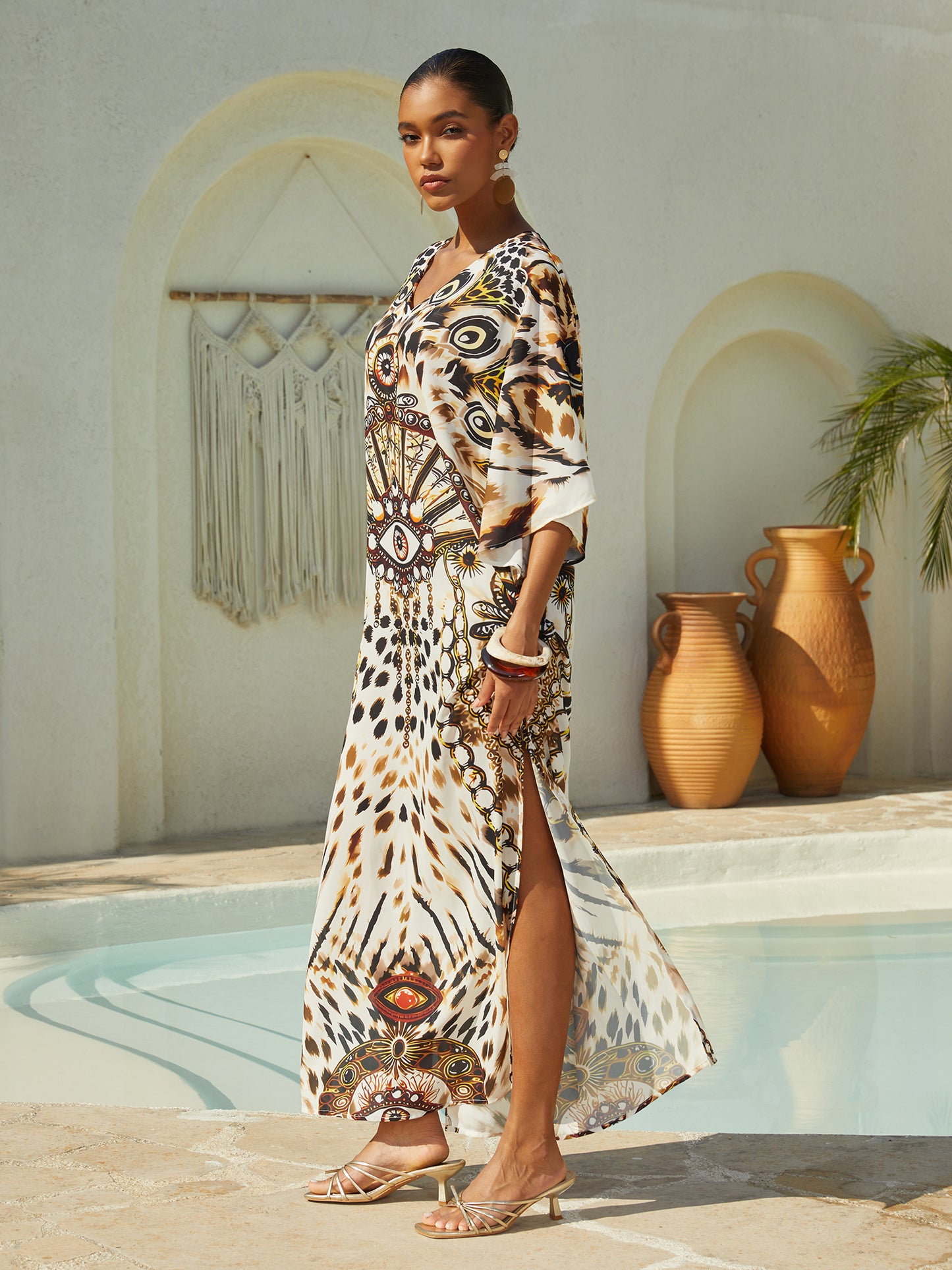 Vestido Largo de Gasa Fluido con Estampado de Leopardo Vintage