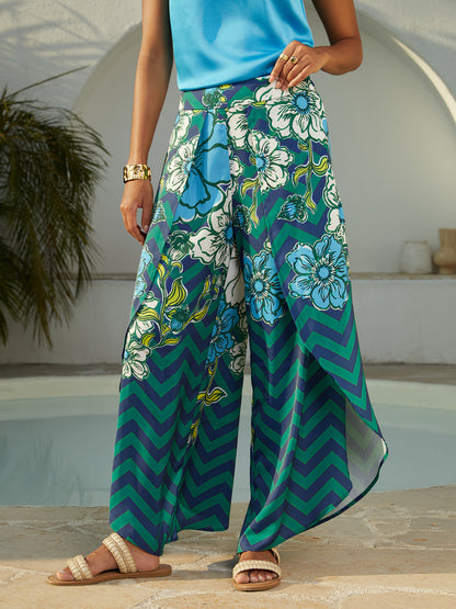 Pantalones Anchos de Satén con Estampado Geométrico Floral para Vacaciones Casuales
