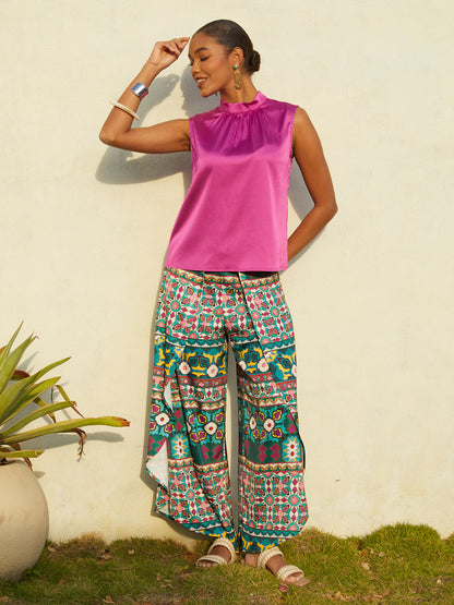 Satin Geometric Floral Print Silky Satin Pants