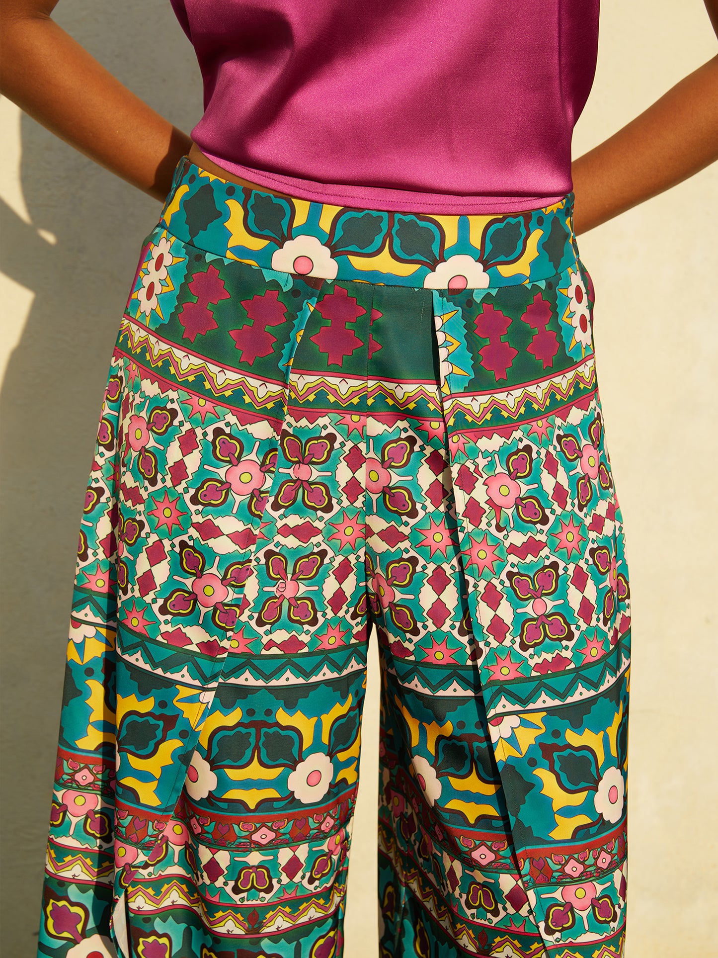 Satin Geometric Floral Print Silky Satin Pants