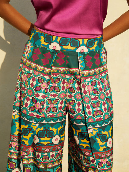 Satin Geometric Floral Print Silky Satin Pants
