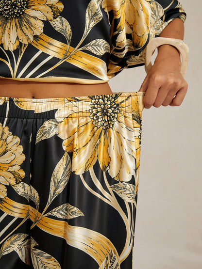 Sepia Noir Bloom Silky Satin Wide Leg Pants