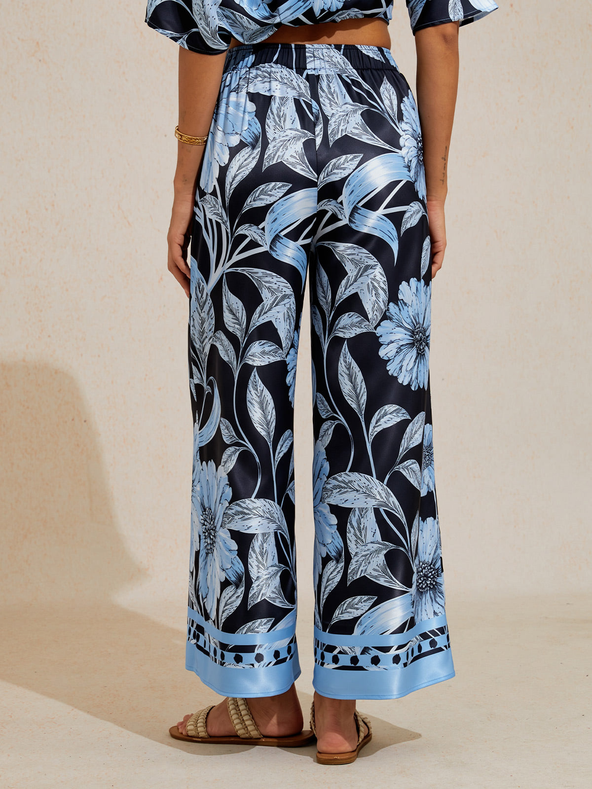 Sepia Noir Bloom Silky Satin Wide Leg Pants