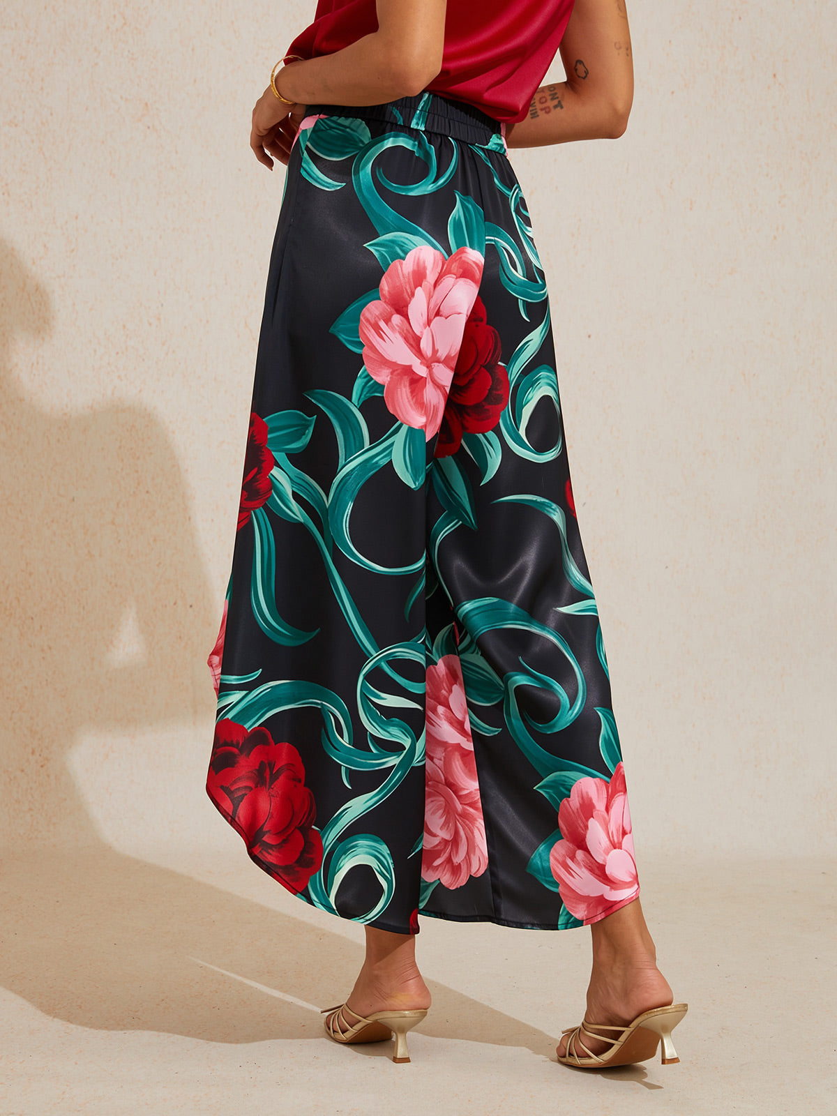 Emerald Rose Garden Silky Satin Slit Wide Leg Pants