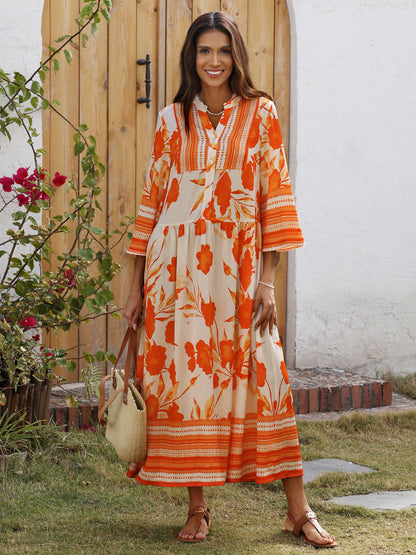 Satin Maxikleid mit Stehkragen und Blumenmuster