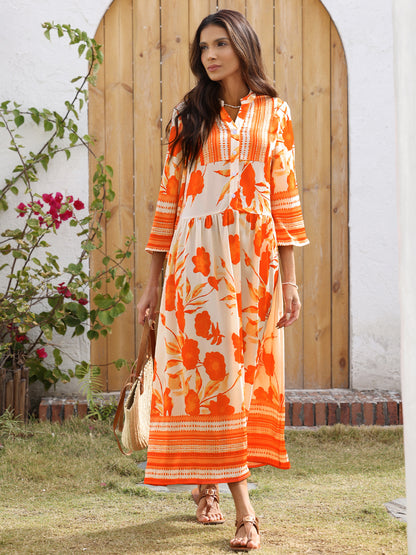 Satin Maxikleid mit Stehkragen und Blumenmuster