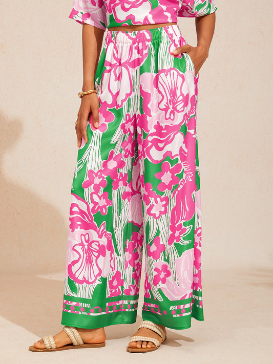 Pink Jungle Flora Silky Satin Wide Leg Pants