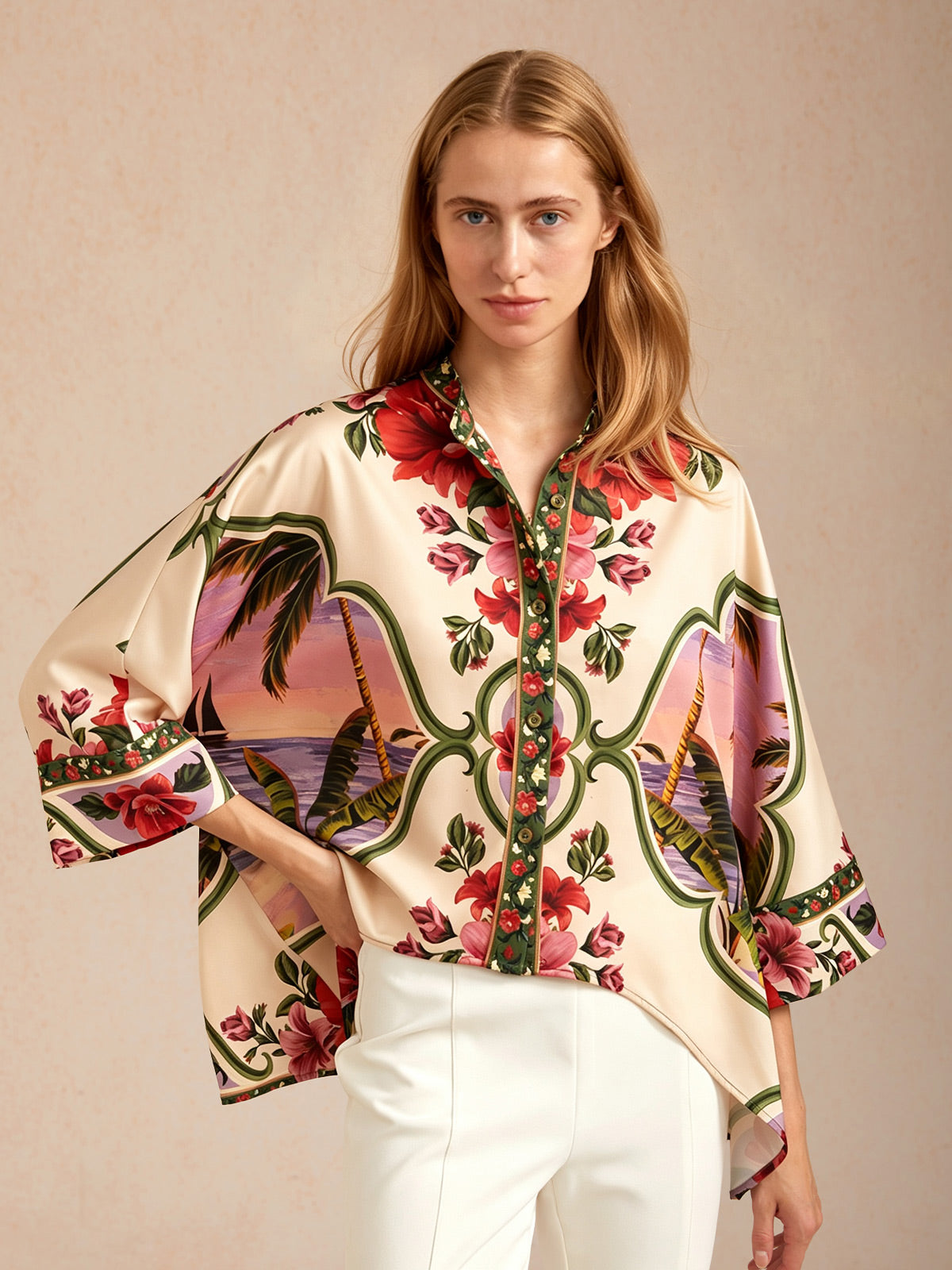 Hawaii Palm Silky Satin Batwing Top