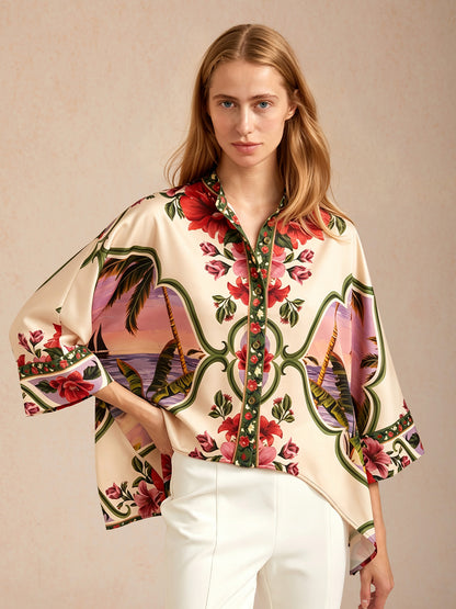 Hawaii Palm Silky Satin Batwing Top