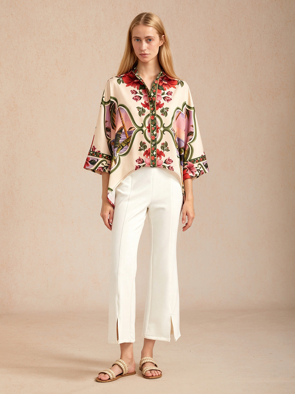 Hawaii Palm Silky Satin Batwing Top