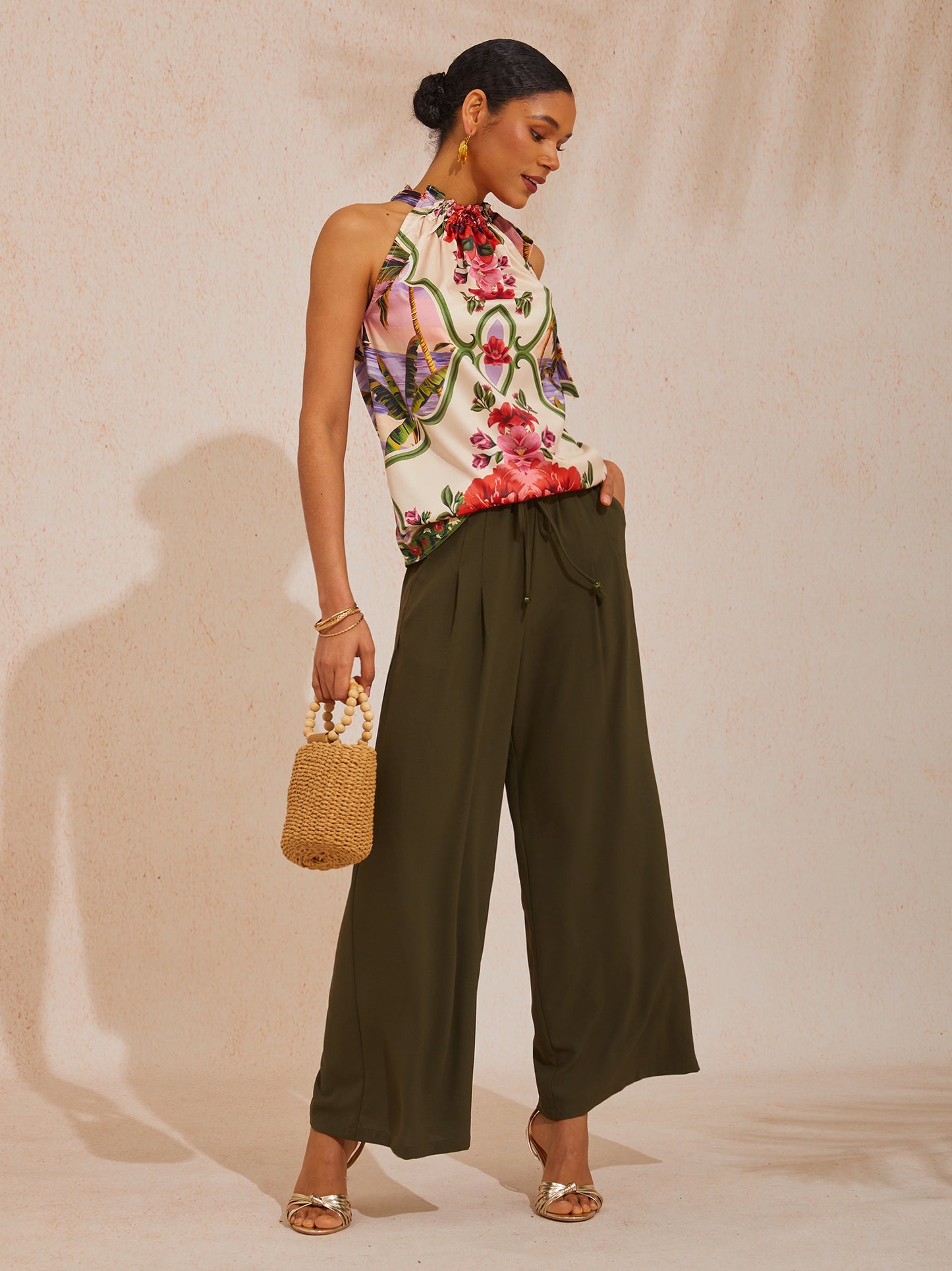 Hawaii Palm Silky Satin Floral Sleeveless Top