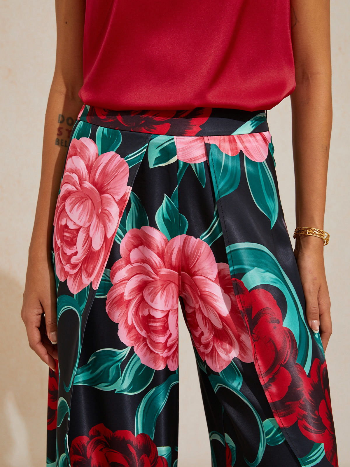 Emerald Rose Garden Silky Satin Slit Wide Leg Pants