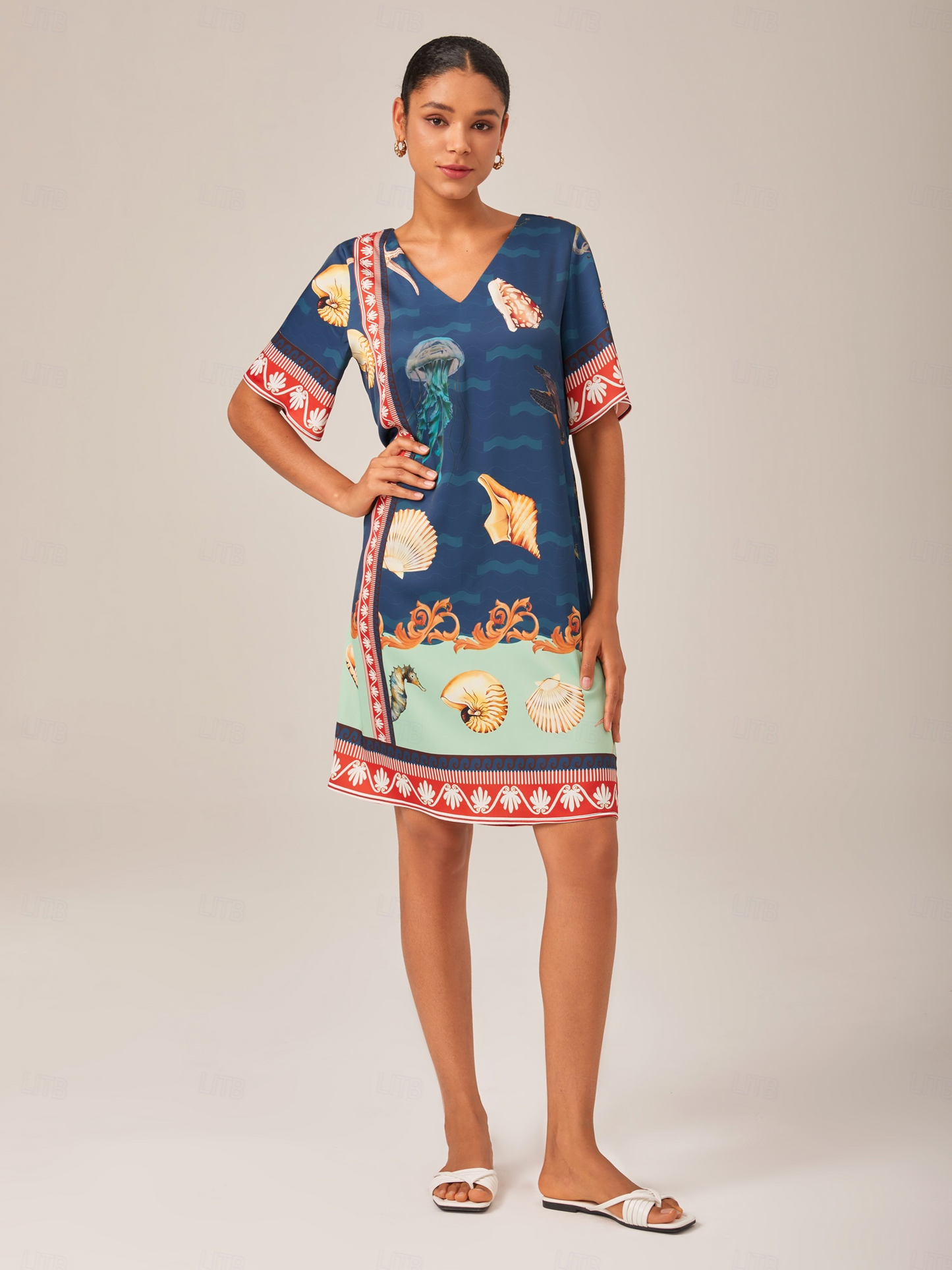 Vestido Mini Estilo Resort con Estampado de Océano Corte Recto