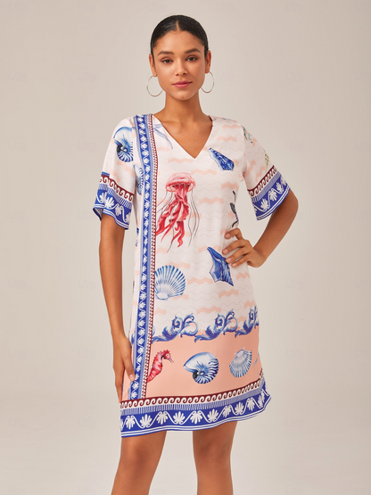 Vestido Mini Estilo Resort con Estampado de Océano Corte Recto