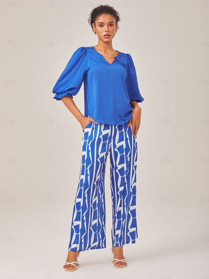 Red Geometric Print Satin Wide-Leg Pants