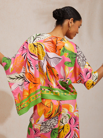 Wild Hibiscus Dream Silky Satin Dolman Sleeve Batwing Top