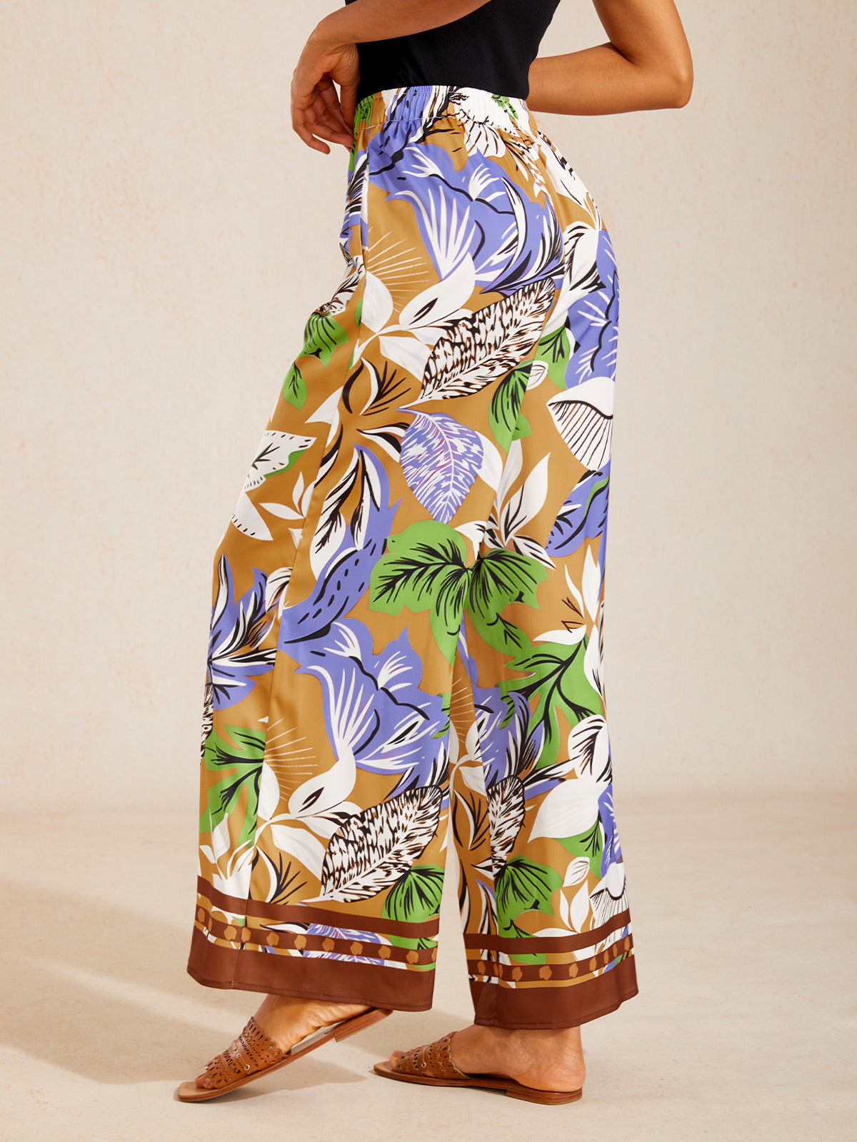 Lavender Paisley Flora Silky Satin Wide Leg Pants