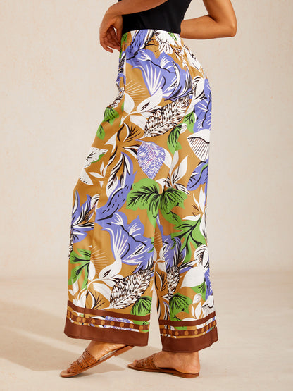 Lavender Paisley Flora Silky Satin Wide Leg Pants