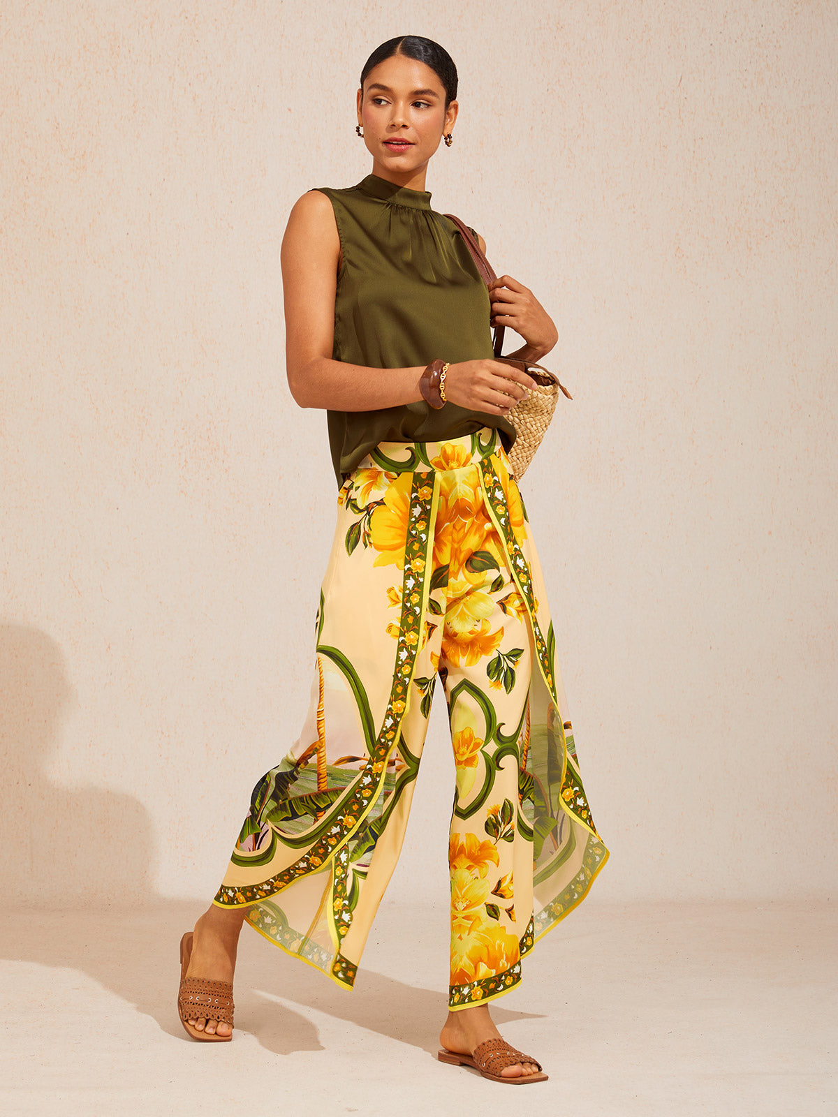 Hawaii Palm Satin Slit Wide Leg Pants