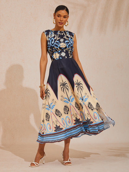 Summer Night Palm Silky Satin Maxi Dress