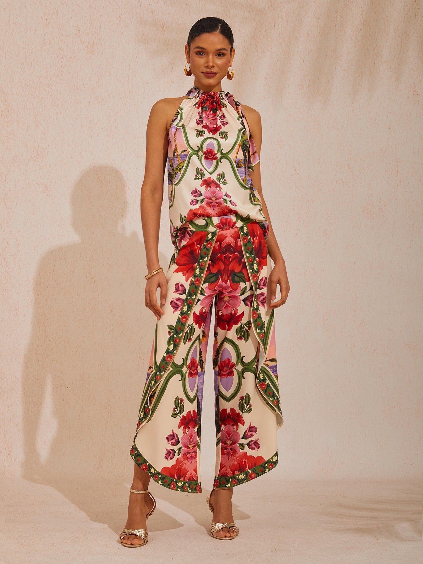 Hawaii Palm Silky Satin Floral Sleeveless Top