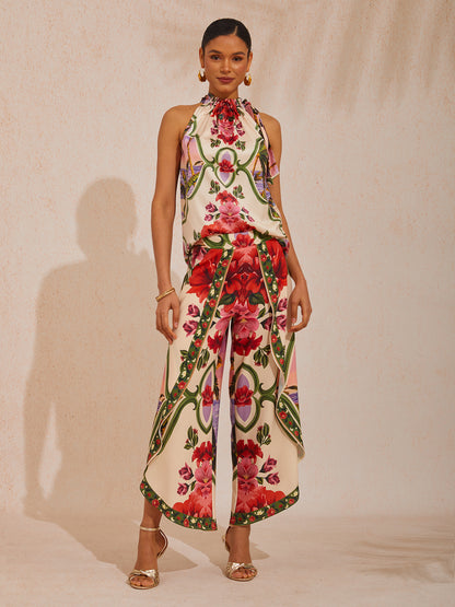 Hawaii Palm Silky Satin Floral Sleeveless Top