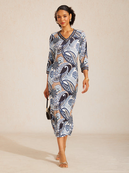 Abstract Paisley Print Knit Stretch Fitted Maxi Dress