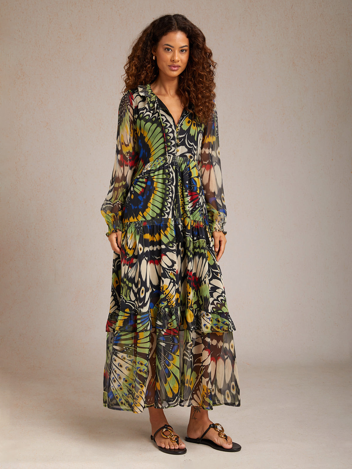Chiffon Tropical Flowers Puff Sleeve Maxi Dress