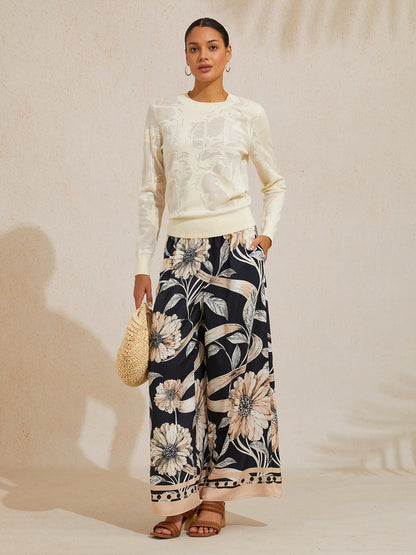 Organza Wool Knit Floral Crew Neck Sweater