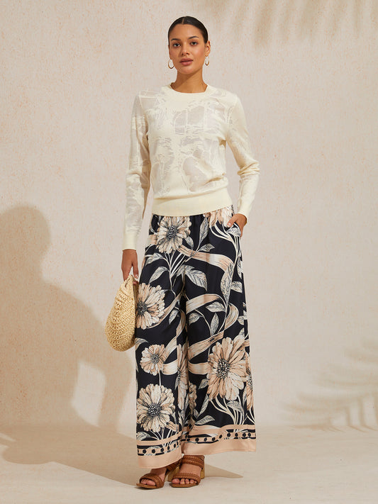 Organza Wool Knit Floral Crew Neck Sweater