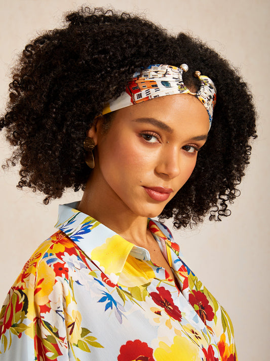 Santorini Summer Silky Satin Ruched Headscarf