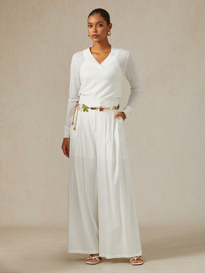 Wavy Detail Thin V-Neck Sweater