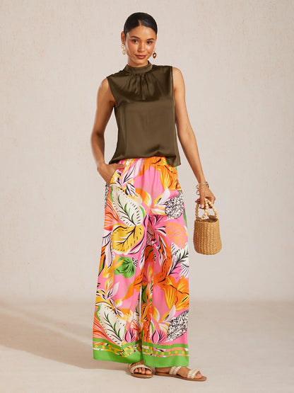 Boho Paisley Silky Satin Wide Leg Pants