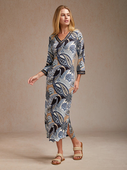 Abstract Paisley Print Knit Stretch Fitted Maxi Dress