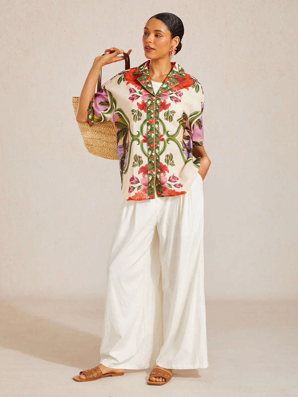 Hawaii Palm Airy Linen Look Floral Shirt