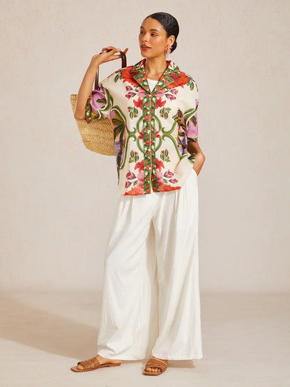 Hawaii Palm Airy Linen Look Floral Shirt