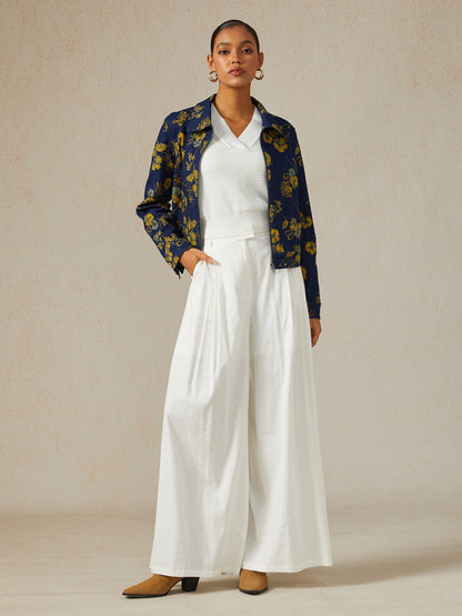 Denim Yellow Floral Pattern Turn Down Collar Jacket