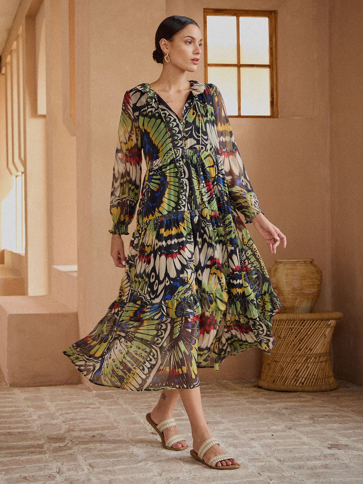Jungle Butterfly Flowy Chiffon Maxi Dress